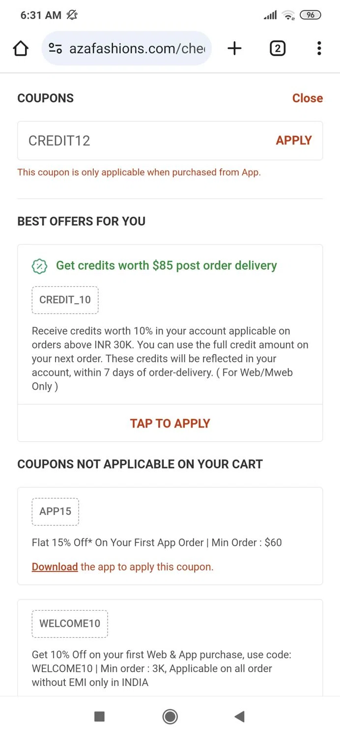 Aza discount code screenshot showing code CREDIT12 applied at Aza checkout page. Uploaded by SimplyCodes community member MightyBoss9975 on Mar 14, 2025
