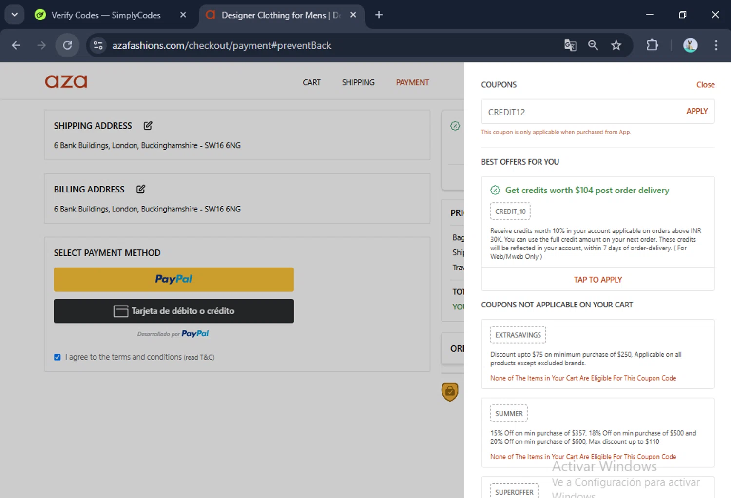 Aza discount code screenshot showing code CREDIT12 applied at Aza checkout page. Uploaded by SimplyCodes community member toti2222 on Apr 12, 2025
