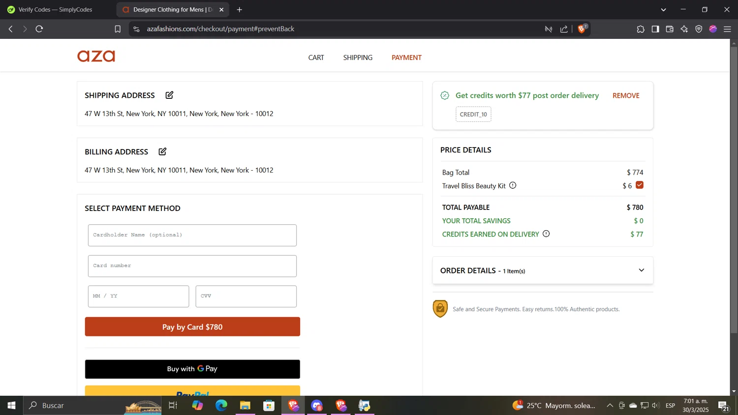 Aza discount code screenshot showing code CREDIT_10 applied at Aza checkout page. Uploaded by SimplyCodes community member CocuydePenca on Mar 30, 2025