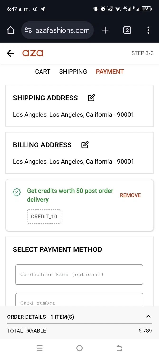 Aza discount code screenshot showing code CREDIT_10 applied at Aza checkout page. Uploaded by SimplyCodes community member annehathaway on Apr 28, 2025