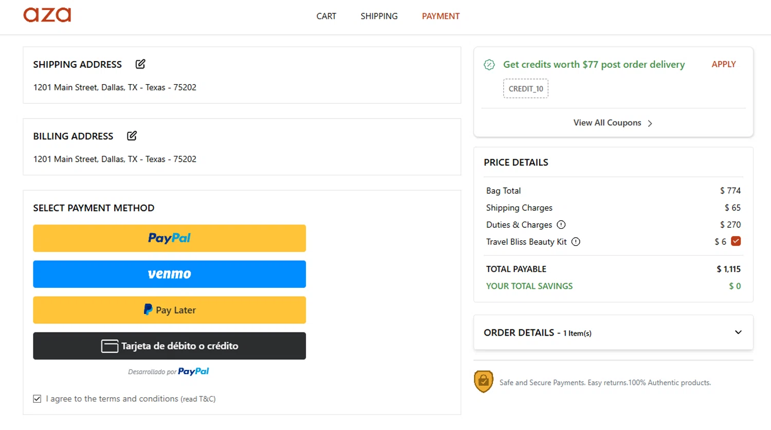 Aza discount code screenshot showing code CREDIT_10 applied at Aza checkout page. Uploaded by SimplyCodes community member MoneyScout2554 on Mar 30, 2025