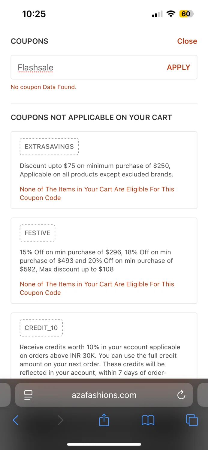 Aza discount code screenshot showing code Flashsale applied at Aza checkout page. Uploaded by SimplyCodes community member carlstrike on Jul 13, 2025