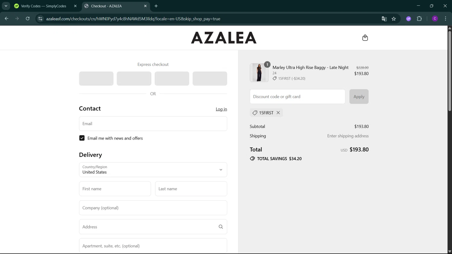 Azalea promo code screenshot showing code 15FIRST applied at Azalea checkout page. Uploaded by SimplyCodes community member GoldSeeker3096 on Jul 9, 2025