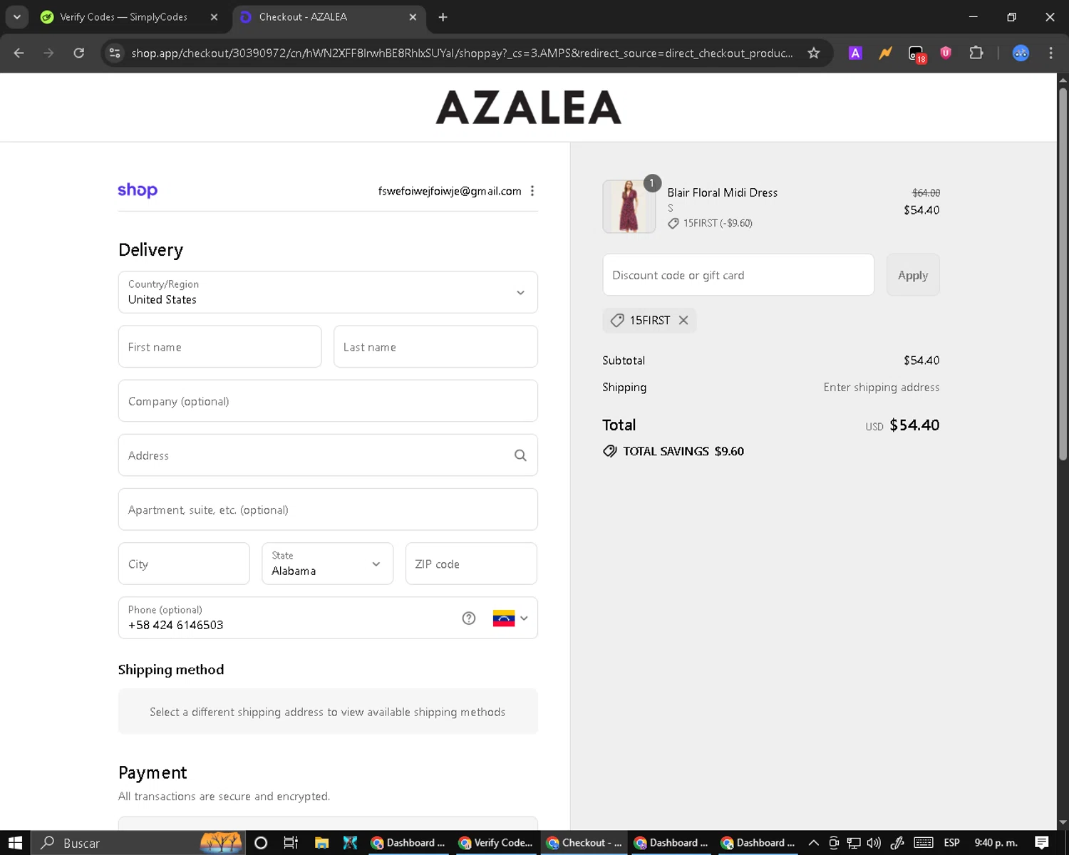 Azalea promo code screenshot showing code 15FIRST applied at Azalea checkout page. Uploaded by SimplyCodes community member SmartMaverick5327 on Sep 3, 2025
