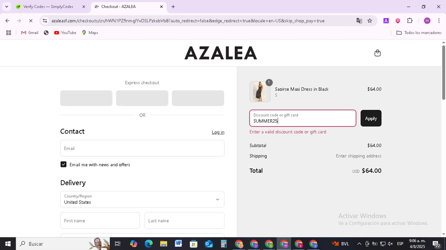 Azalea promo code screenshot showing code SUMMER25 applied at Azalea checkout page. Uploaded by SimplyCodes community member BudgetMonarch8952 on Aug 4, 2025
