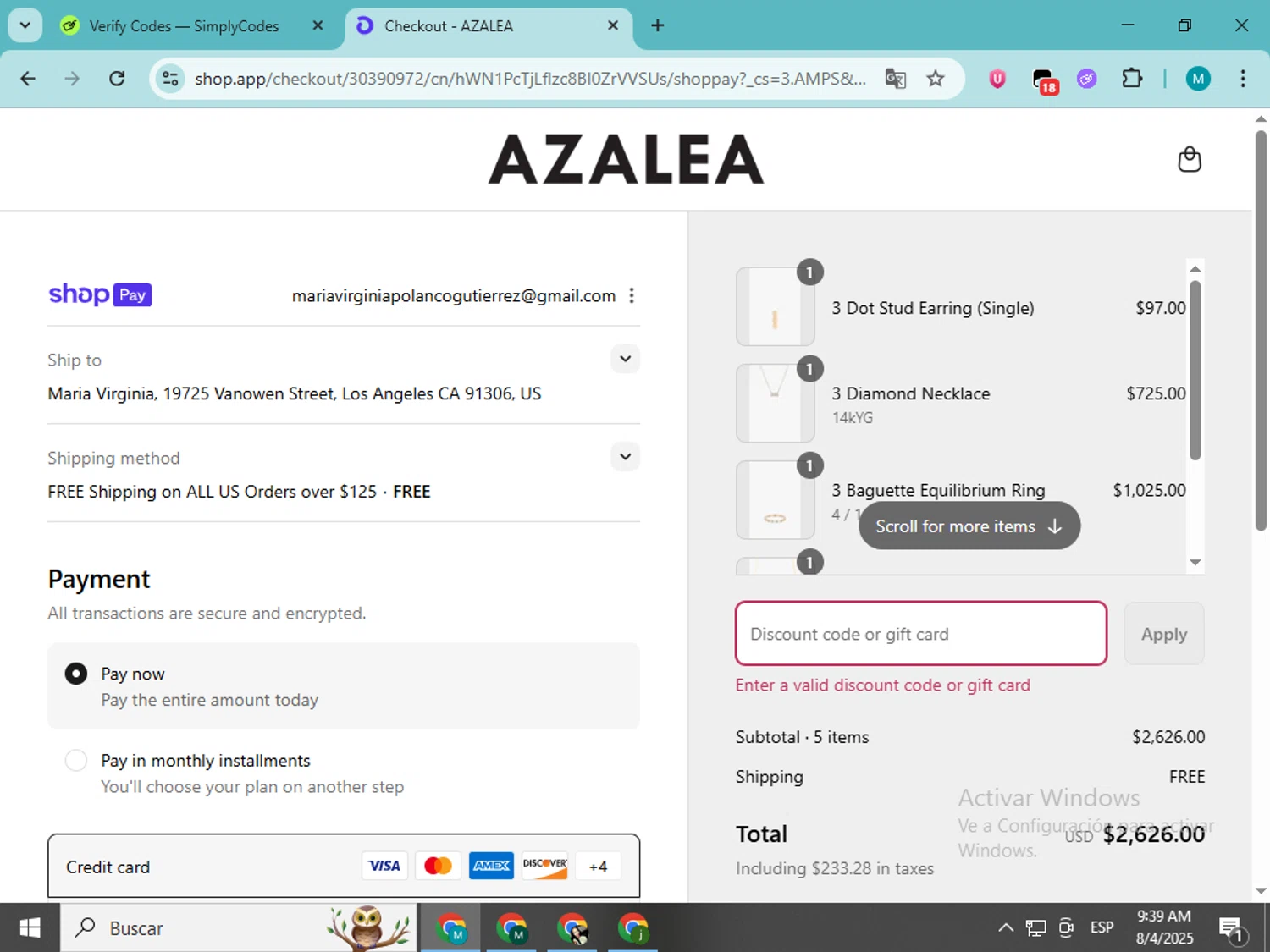 Azalea promo code screenshot showing code SUMMER25 applied at Azalea checkout page. Uploaded by SimplyCodes community member estrellaveloz on Aug 4, 2025