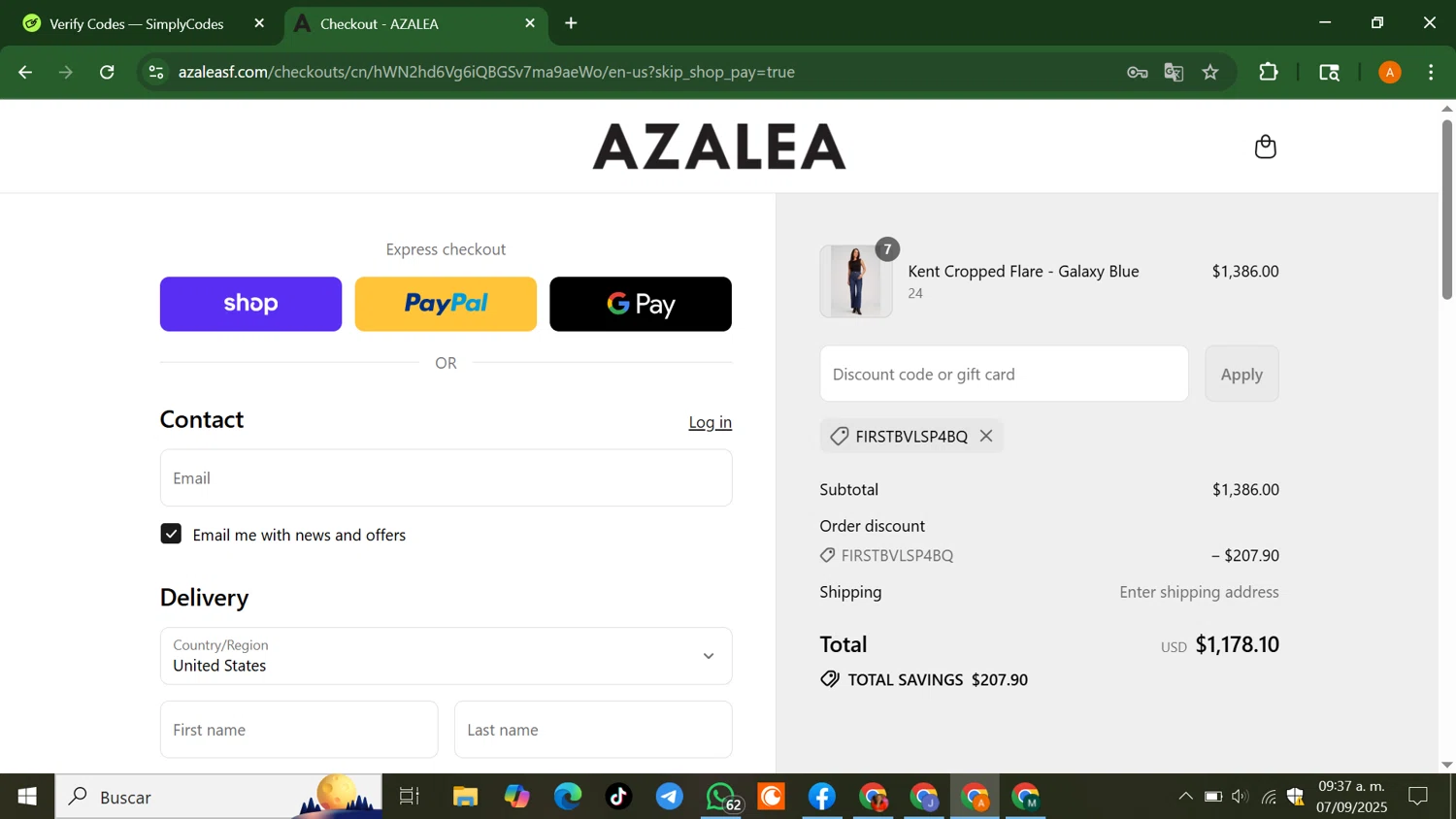 Azalea promo code screenshot showing code FIRSTBVLSP4BQ applied at Azalea checkout page. Uploaded by SimplyCodes community member AlfredoBonifacio on Sep 7, 2025
