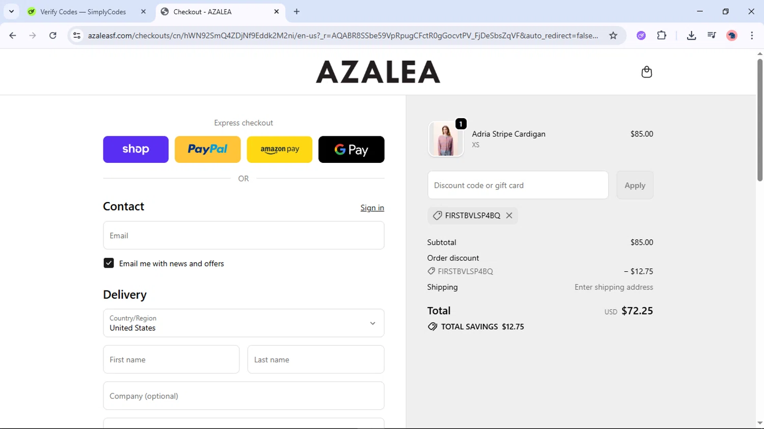 Azalea checkout page showing Azalea promo code box | Screenshot taken by SimplyCodes community member on Feb 21, 2026