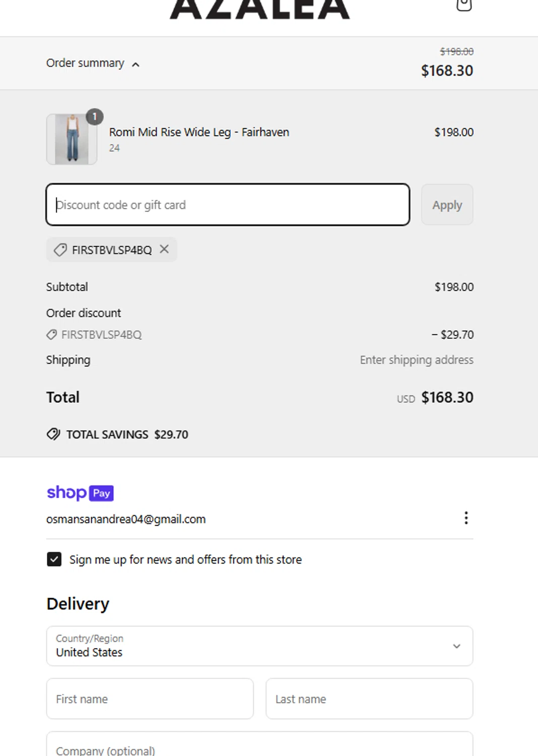 Azalea promo code screenshot showing code FIRSTBVLSP4BQ applied at Azalea checkout page. Uploaded by SimplyCodes community member jhonaikellgonzalez on Mar 24, 2025