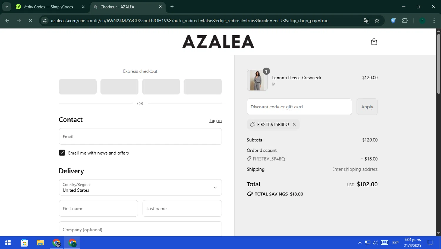 Azalea promo code screenshot showing code FIRSTBVLSP4BQ applied at Azalea checkout page. Uploaded by SimplyCodes community member rodri1 on Aug 21, 2025
