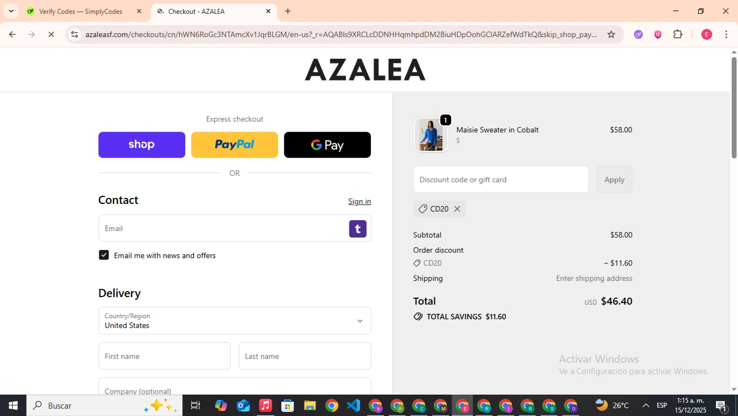 Azalea promo code screenshot showing code CD20 applied at Azalea checkout page. Uploaded by SimplyCodes community member CouponHero7312 on Dec 15, 2025