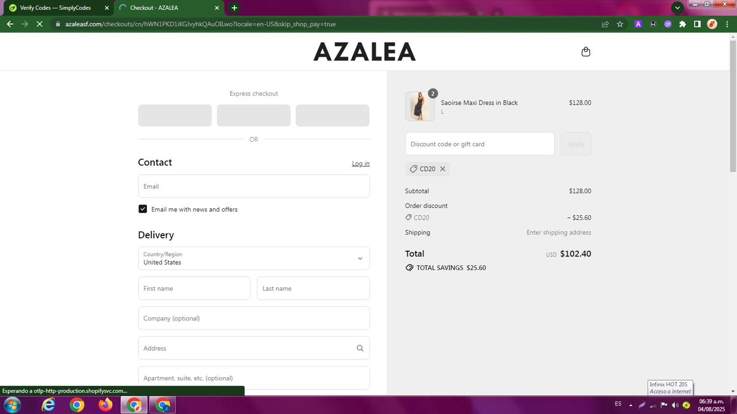 Azalea promo code screenshot showing code CD20 applied at Azalea checkout page. Uploaded by SimplyCodes community member LegendaryBoss7060 on Aug 4, 2025