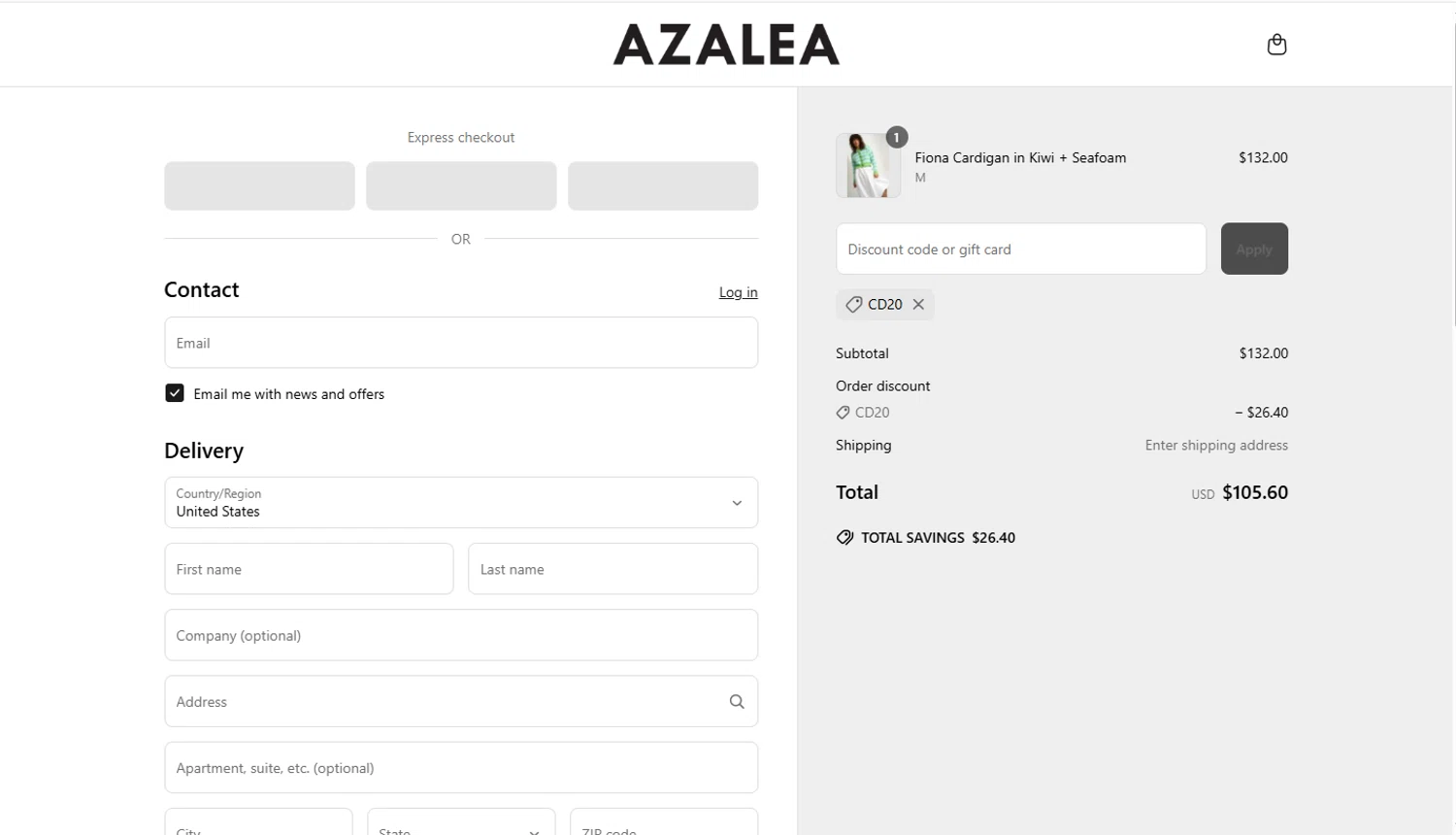 Azalea promo code screenshot showing code CD20 applied at Azalea checkout page. Uploaded by SimplyCodes community member Marboroooooooooooo on Apr 25, 2025