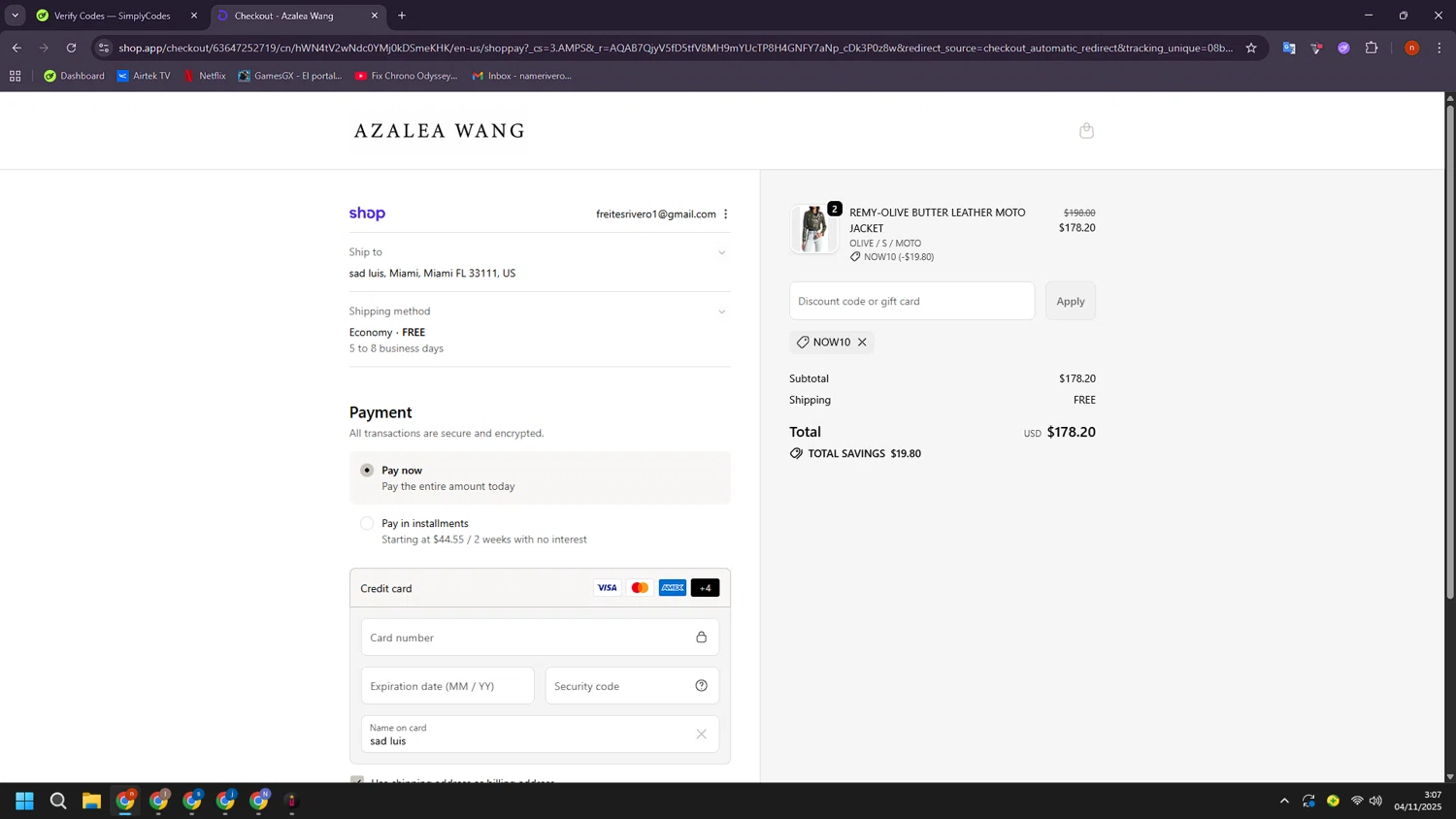 AZALEA WANG discount code screenshot showing code NOW10 applied at AZALEA WANG checkout page. Uploaded by SimplyCodes community member BudgetShopper182 on Nov 4, 2025
