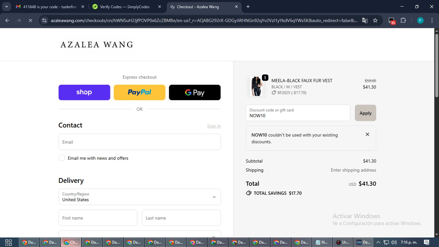 AZALEA WANG discount code screenshot showing code NOW10 applied at AZALEA WANG checkout page. Uploaded by SimplyCodes community member ShrewdTitan3233 on Nov 30, 2025
