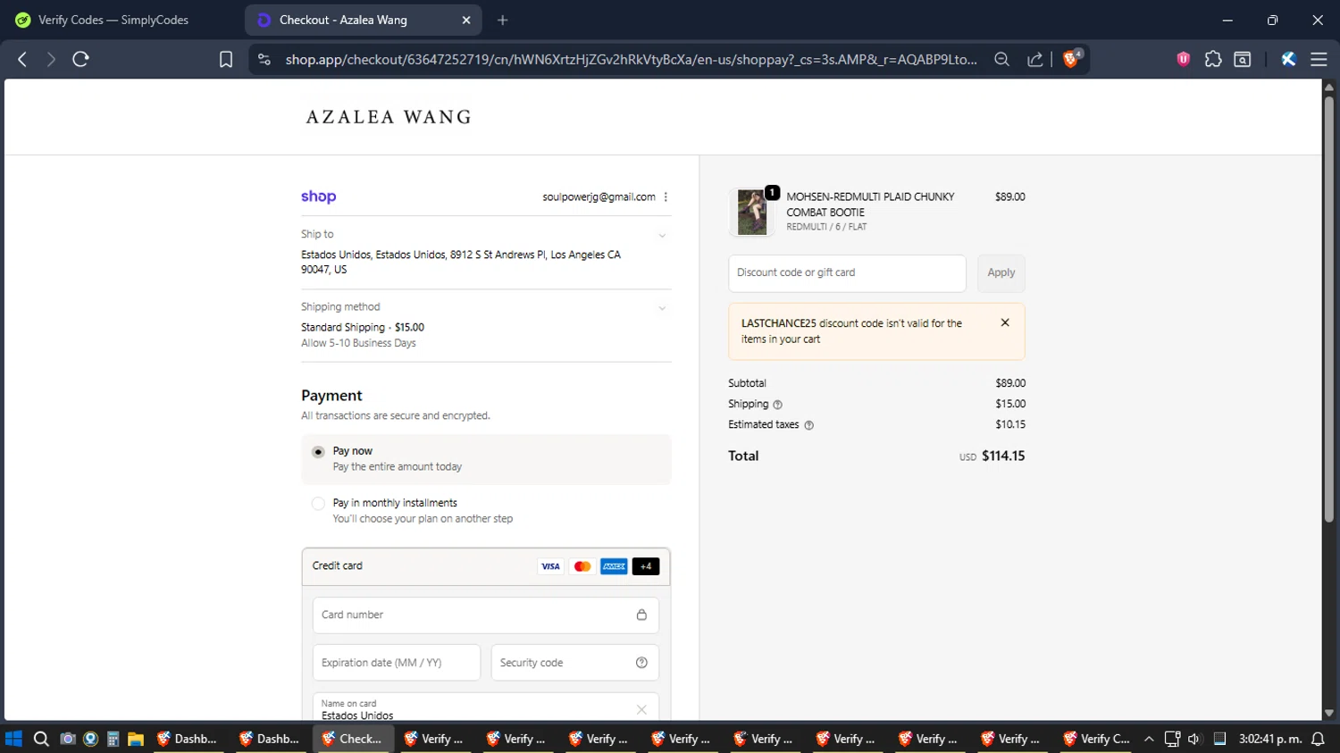 AZALEA WANG discount code screenshot showing code LASTCHANCE25 applied at AZALEA WANG checkout page. Uploaded by SimplyCodes community member Jgomez on Dec 17, 2025