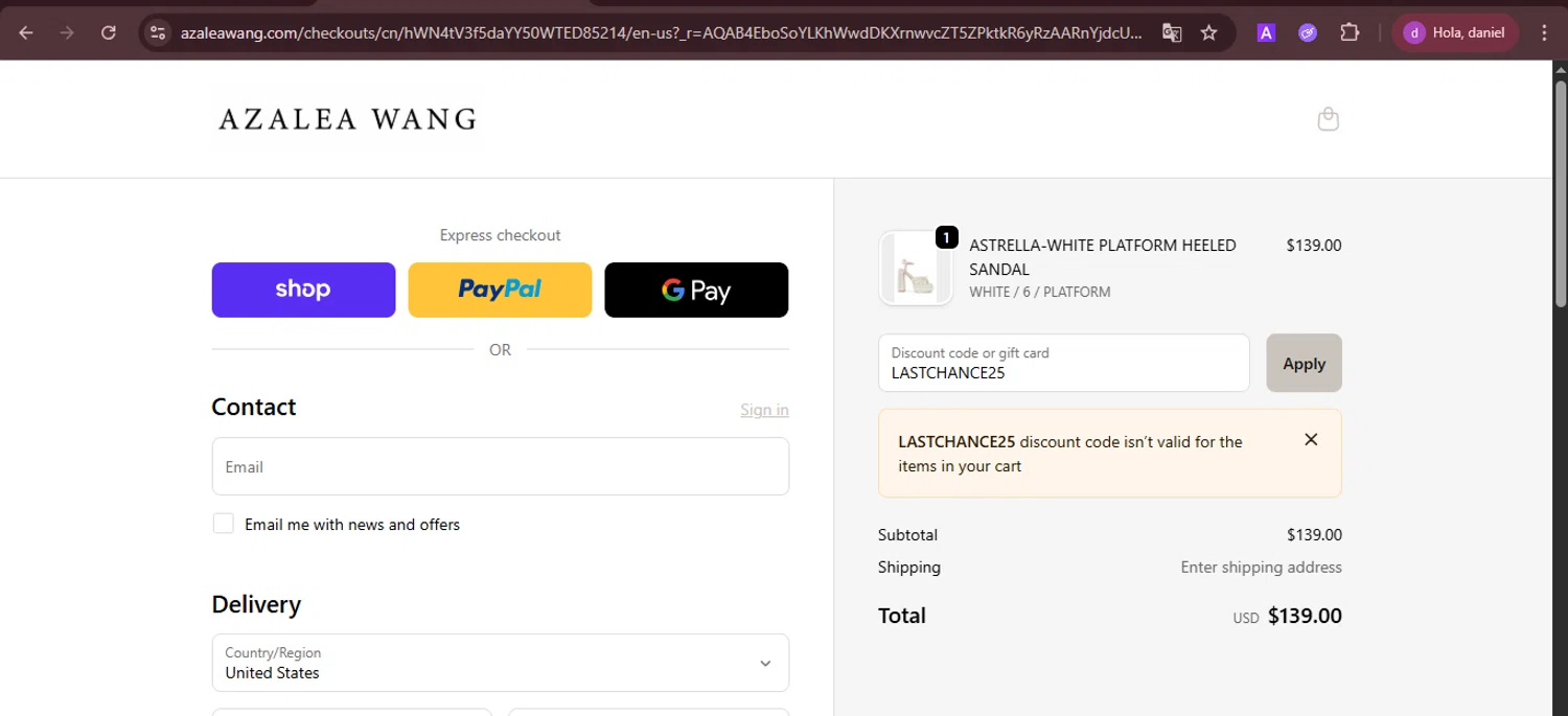 AZALEA WANG discount code screenshot showing code LASTCHANCE25 applied at AZALEA WANG checkout page. Uploaded by SimplyCodes community member PennyTiger4891 on Nov 4, 2025