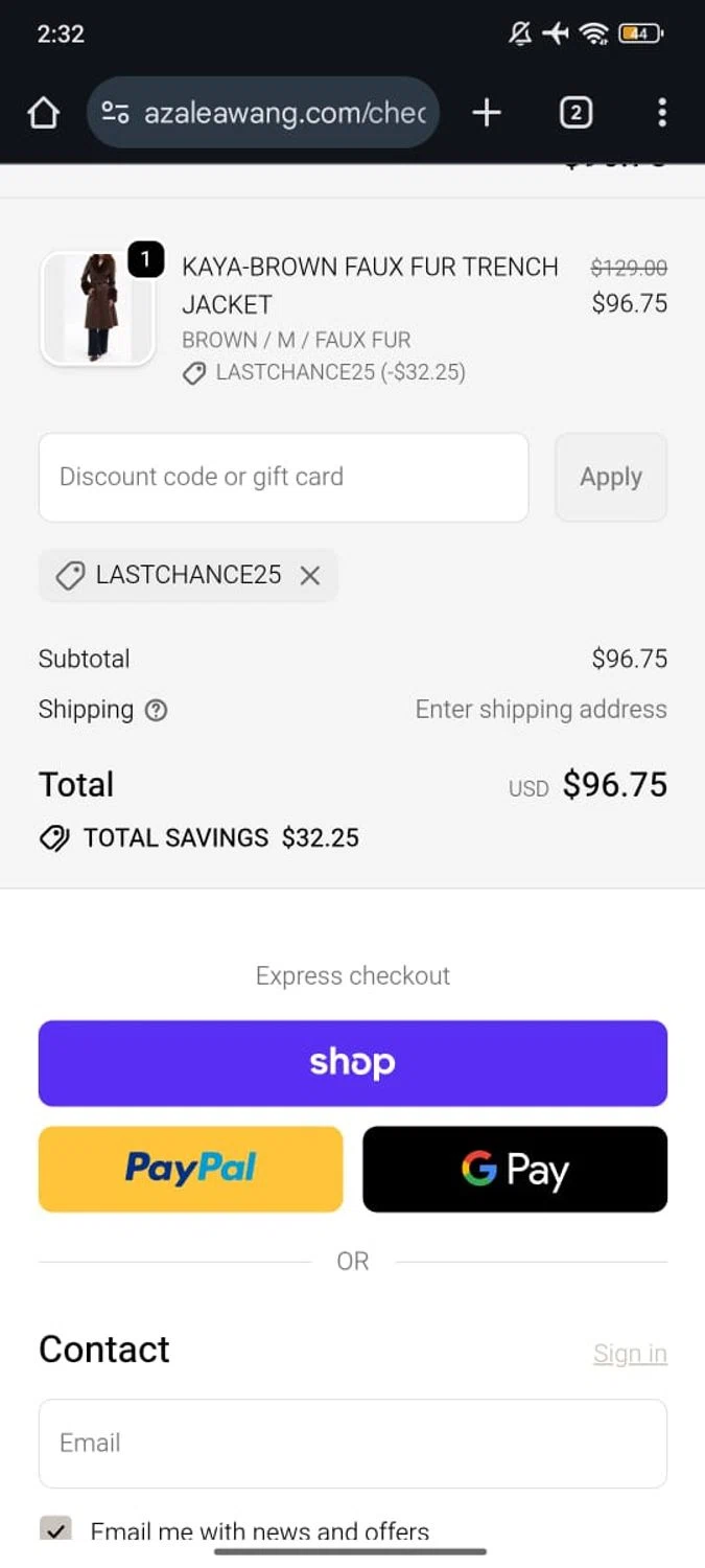 AZALEA WANG discount code screenshot showing code LASTCHANCE25 applied at AZALEA WANG checkout page. Uploaded by SimplyCodes community member RoyalSpotter5217 on Jan 23, 2026