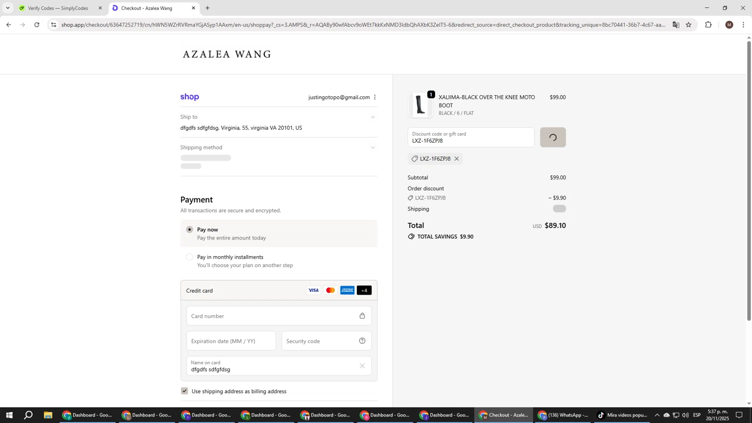 AZALEA WANG discount code screenshot showing code LXZ-1F6ZPJ8 applied at AZALEA WANG checkout page. Uploaded by SimplyCodes community member KTMCRF on Nov 20, 2025