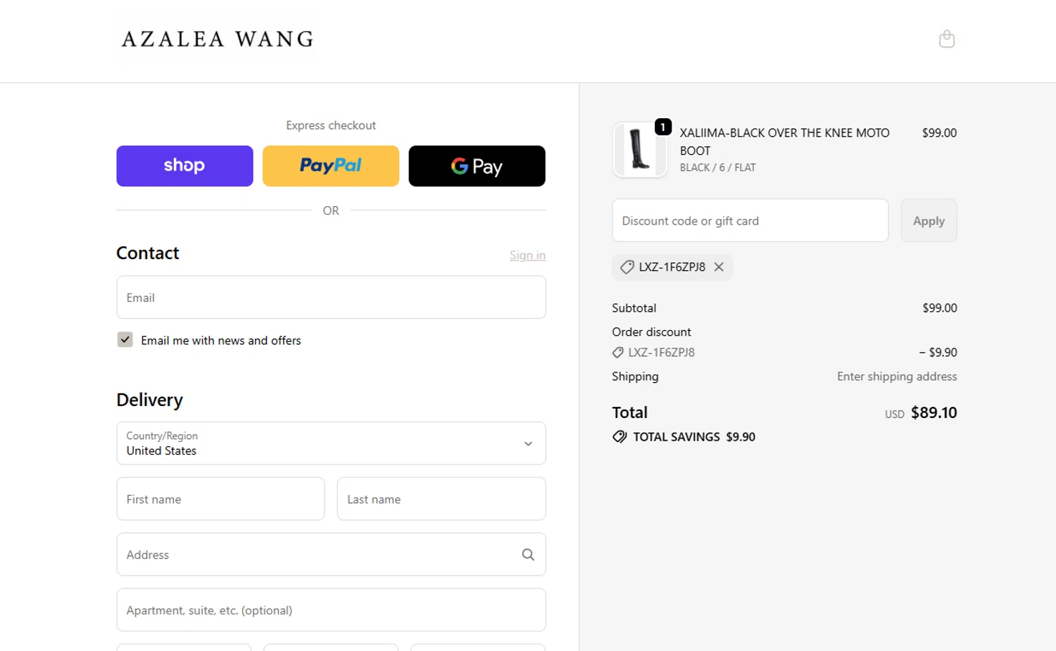AZALEA WANG discount code screenshot showing code LXZ-1F6ZPJ8 applied at AZALEA WANG checkout page. Uploaded by SimplyCodes community member VoucherVirtuoso2520 on Nov 10, 2025