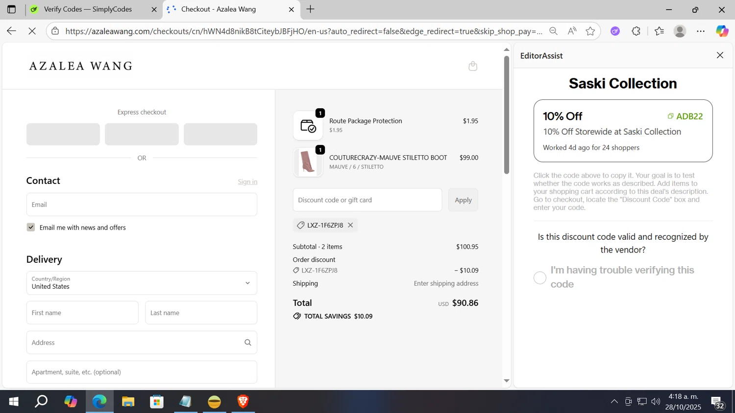AZALEA WANG discount code screenshot showing code LXZ-1F6ZPJ8 applied at AZALEA WANG checkout page. Uploaded by SimplyCodes community member vergil_lains on Oct 28, 2025