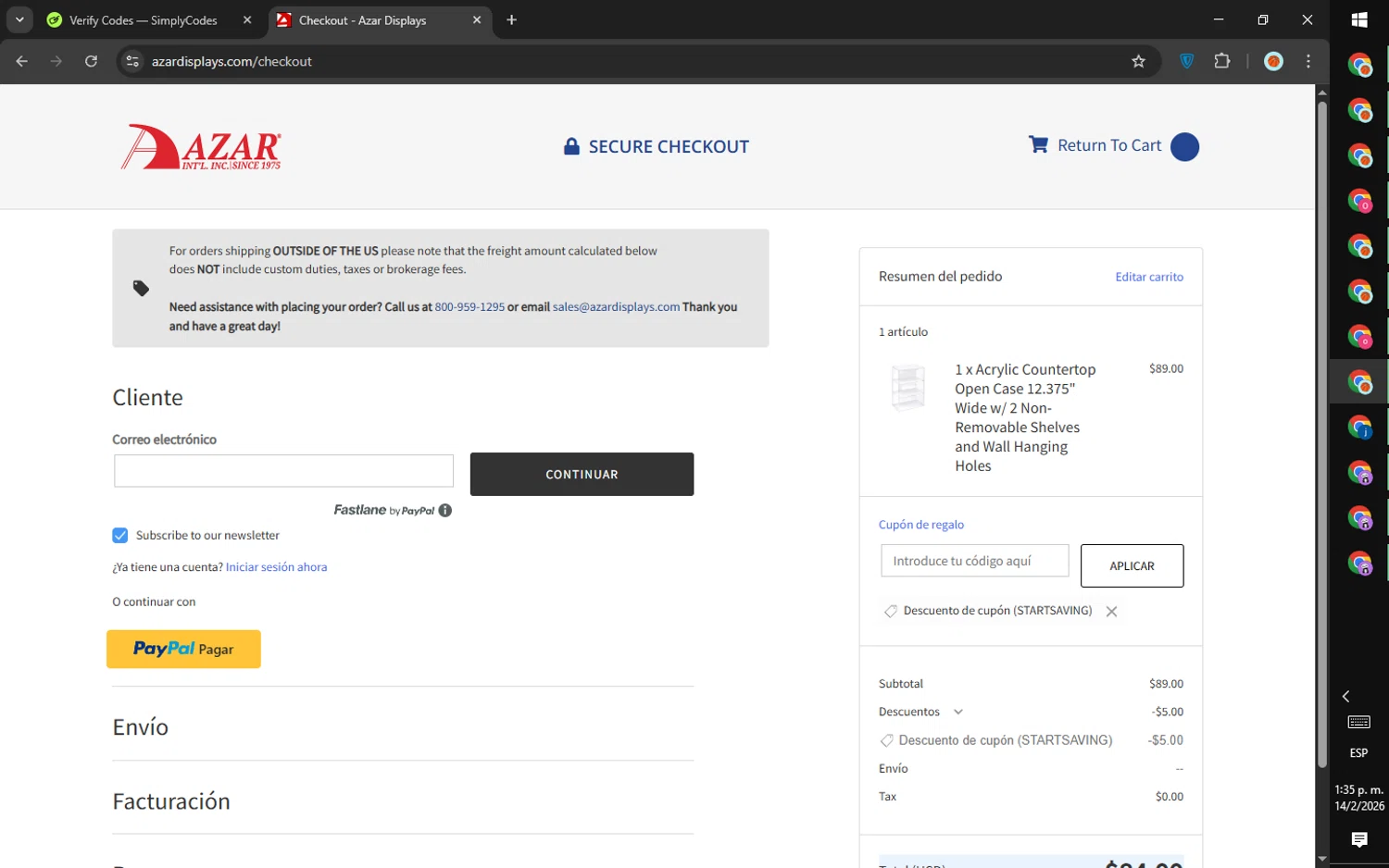 Azar promo code screenshot showing code STARTSAVING applied at Azar checkout page. Uploaded by SimplyCodes community member SalePhoenix823 on Feb 14, 2026