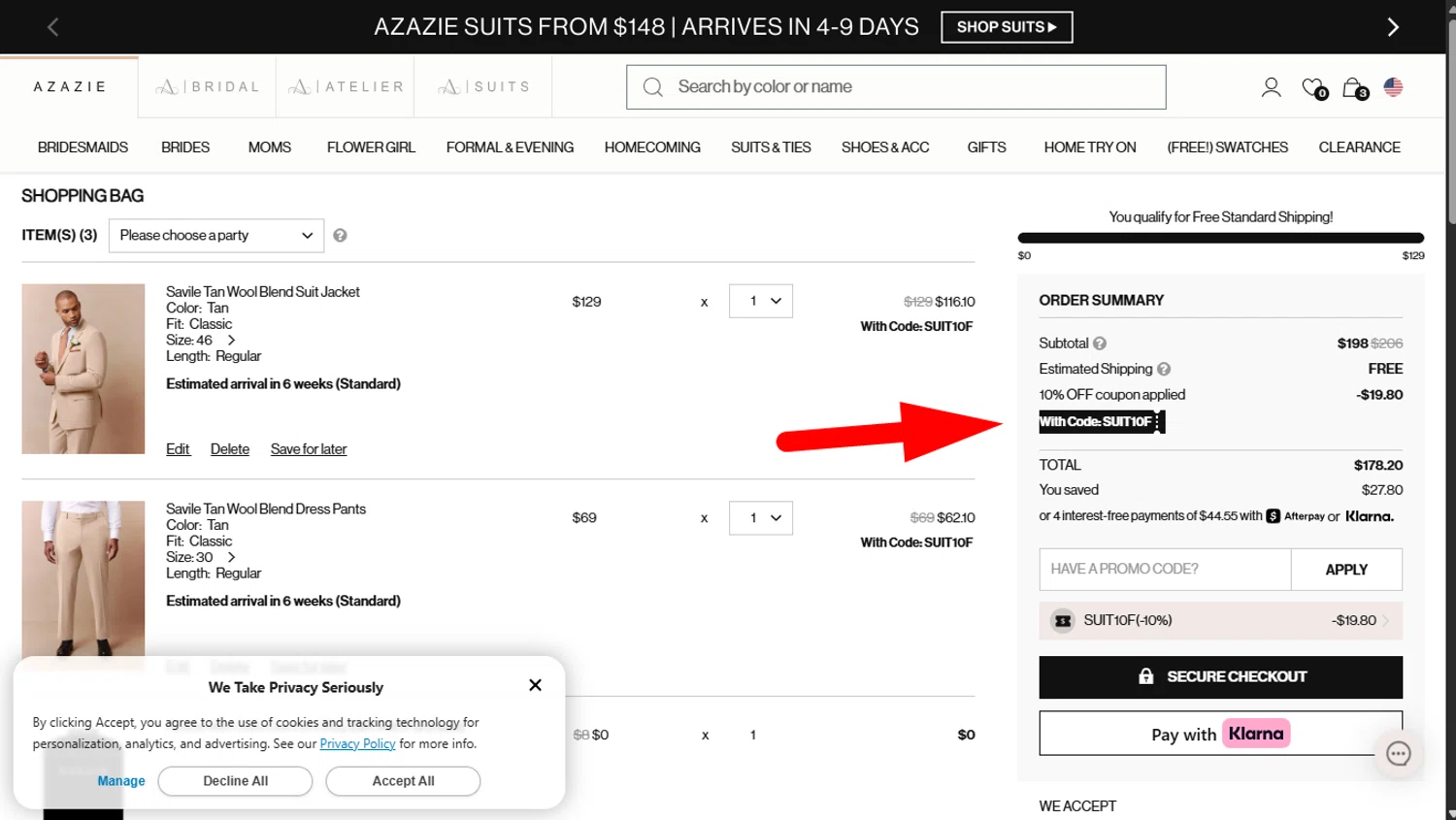 Azazie promo code screenshot showing code SUIT10F applied at Azazie checkout page. Uploaded by SimplyCodes community member _____________________________ on Aug 20, 2025