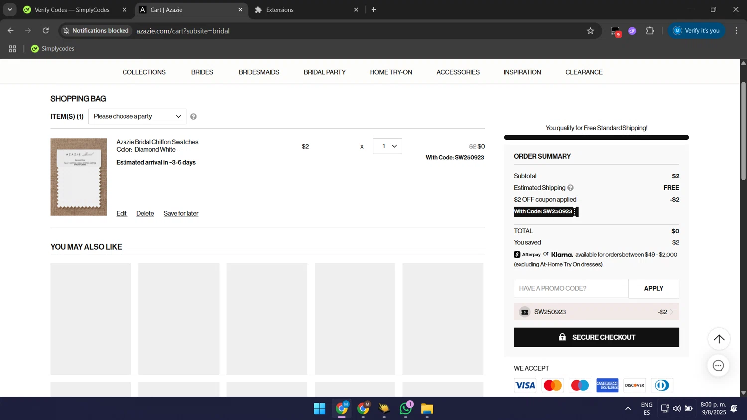 Azazie promo code screenshot showing code SW250923 applied at Azazie checkout page. Uploaded by SimplyCodes community member GloriousSaver4644 on Aug 10, 2025