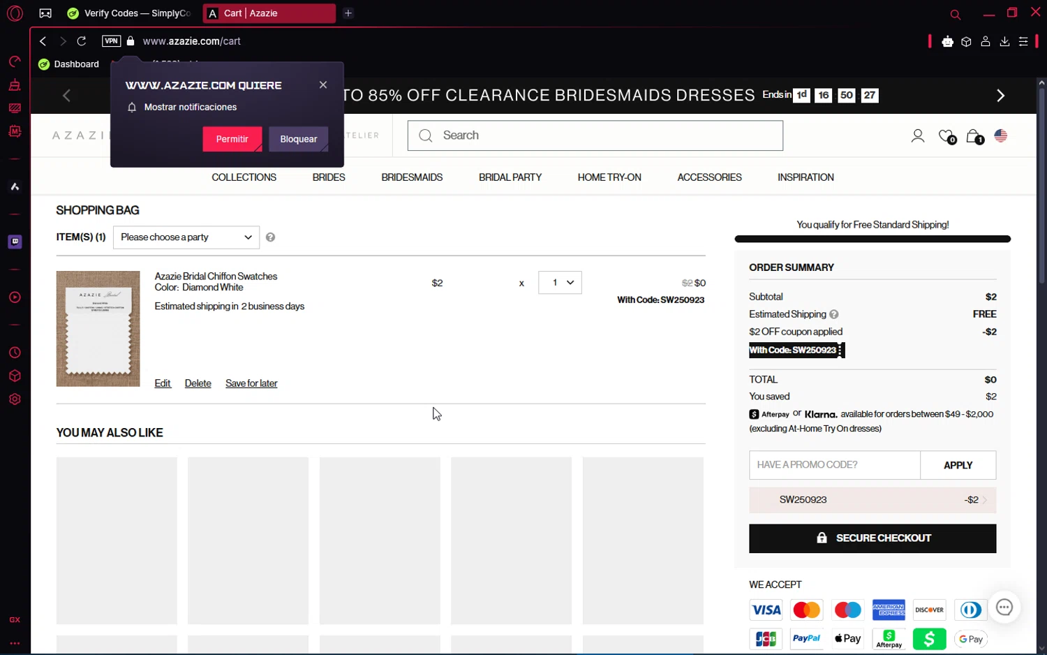 Azazie promo code screenshot showing code SW250923 applied at Azazie checkout page. Uploaded by SimplyCodes community member jakeperro on Mar 25, 2025