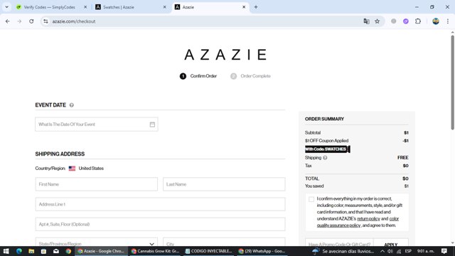 Azazie checkout page showing Azazie promo code box | Screenshot taken by SimplyCodes community member on Aug 16, 2025