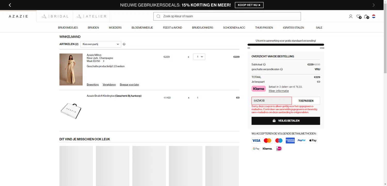 Azazie promo code screenshot showing code 5AZMOB applied at Azazie checkout page. Uploaded by SimplyCodes community member RewardTitan728 on Jun 20, 2025