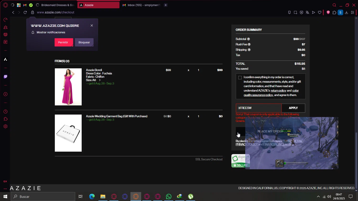 Azazie promo code screenshot showing code 3FREESW applied at Azazie checkout page. Uploaded by SimplyCodes community member Roronoazoro on Aug 24, 2025