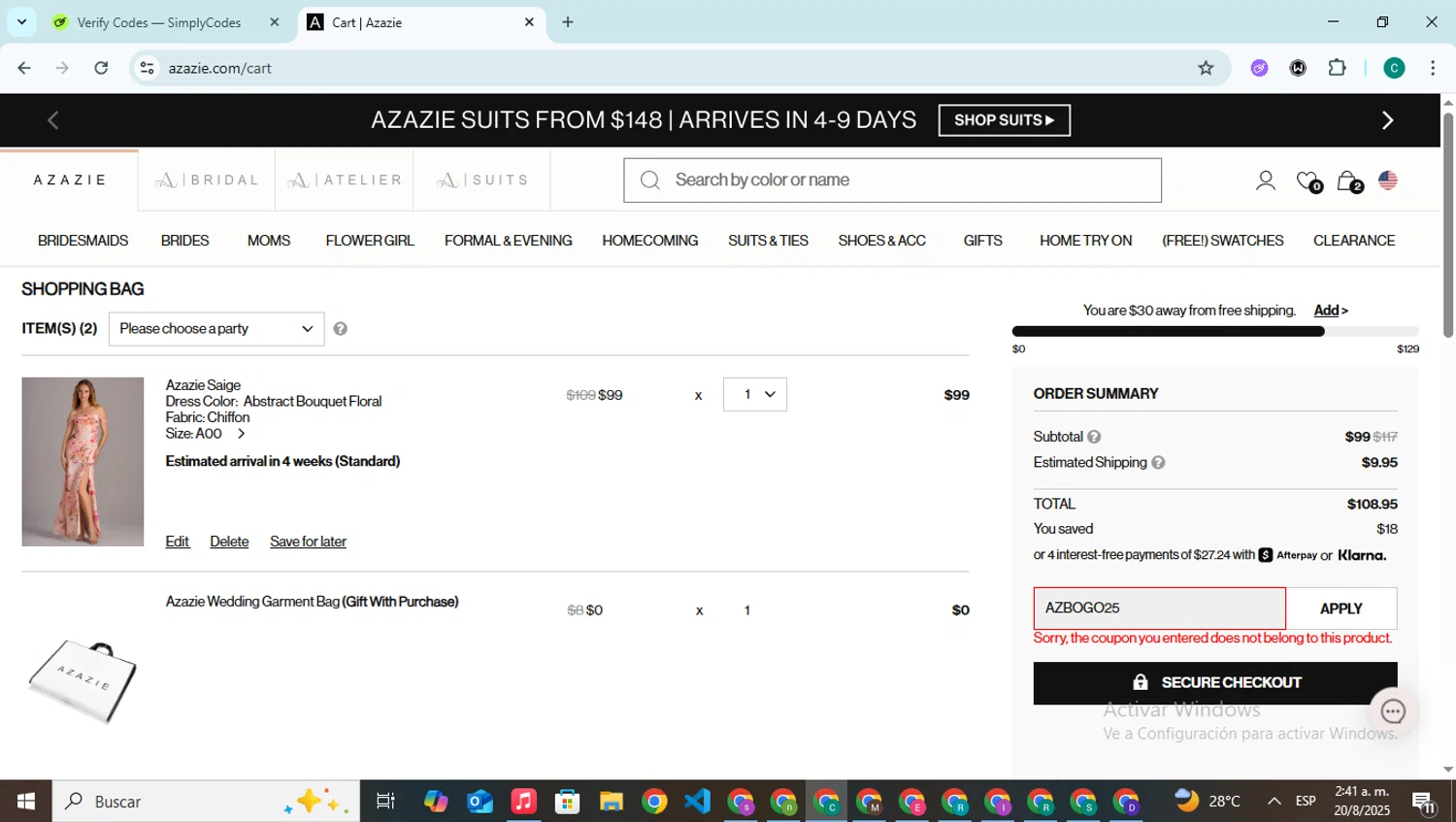 Azazie promo code screenshot showing code AZBOGO25 applied at Azazie checkout page. Uploaded by SimplyCodes community member BonusPilot927 on Aug 20, 2025