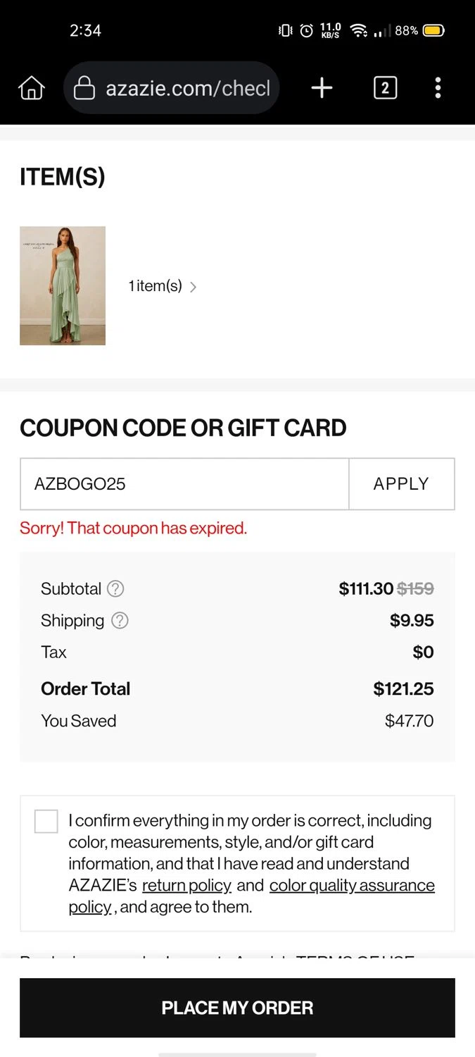 Azazie promo code screenshot showing code AZBOGO25 applied at Azazie checkout page. Uploaded by SimplyCodes community member Wonderwoman82 on Aug 20, 2025
