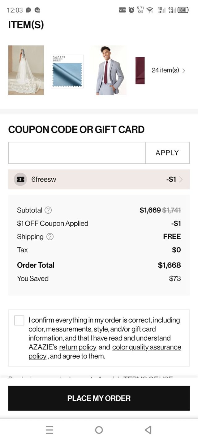 Azazie checkout page showing Azazie promo code box | Screenshot taken by SimplyCodes community member on Aug 22, 2025