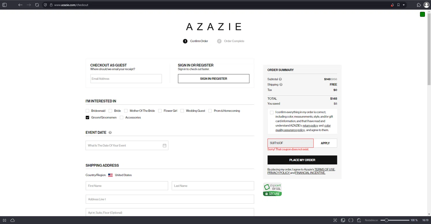 Azazie promo code screenshot showing code SUIT10OF applied at Azazie checkout page. Uploaded by SimplyCodes community member anthonyramirez1 on Aug 25, 2025