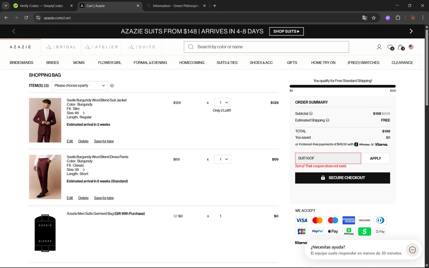 Azazie promo code screenshot showing code SUIT10OF applied at Azazie checkout page. Uploaded by SimplyCodes community member juanx1702 on Aug 25, 2025