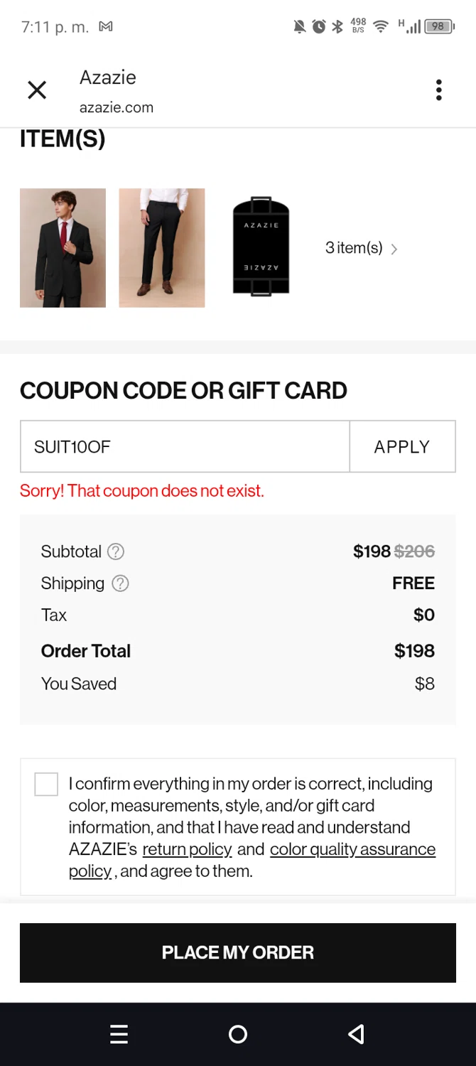 Azazie promo code screenshot showing code SUIT10OF applied at Azazie checkout page. Uploaded by SimplyCodes community member leiraM on Aug 25, 2025