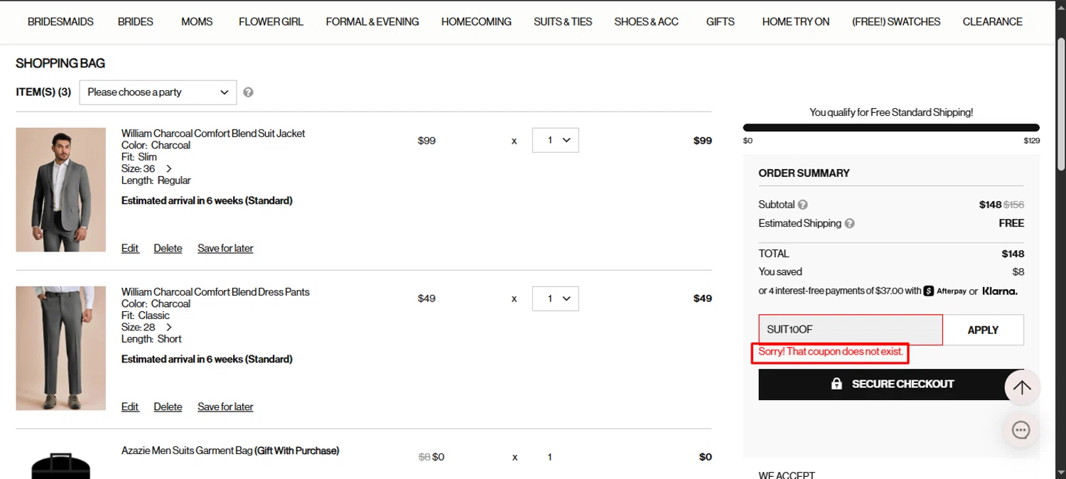 Azazie promo code screenshot showing code SUIT10OF applied at Azazie checkout page. Uploaded by SimplyCodes community member noworries on Aug 25, 2025