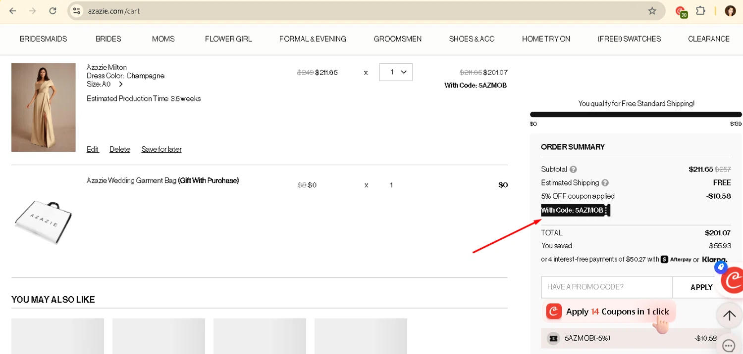 Azazie promo code screenshot showing code 5AZMOB applied at Azazie checkout page. Uploaded by SimplyCodes community member AMANDA2681 on Jun 9, 2025