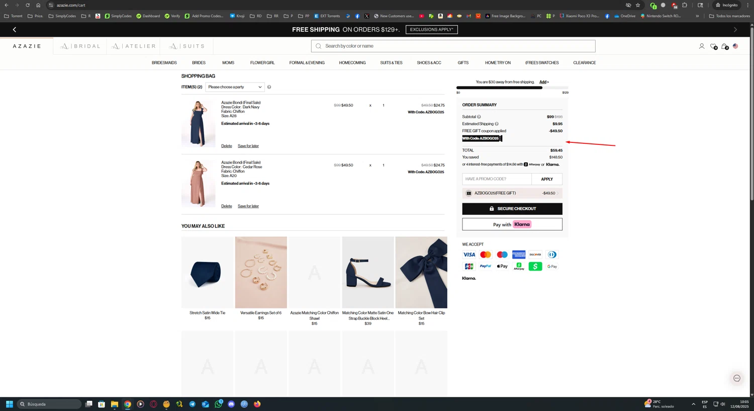 Azazie promo code screenshot showing code AZBOGO25 applied at Azazie checkout page. Uploaded by SimplyCodes community member UnkNownVnzla on Aug 12, 2025