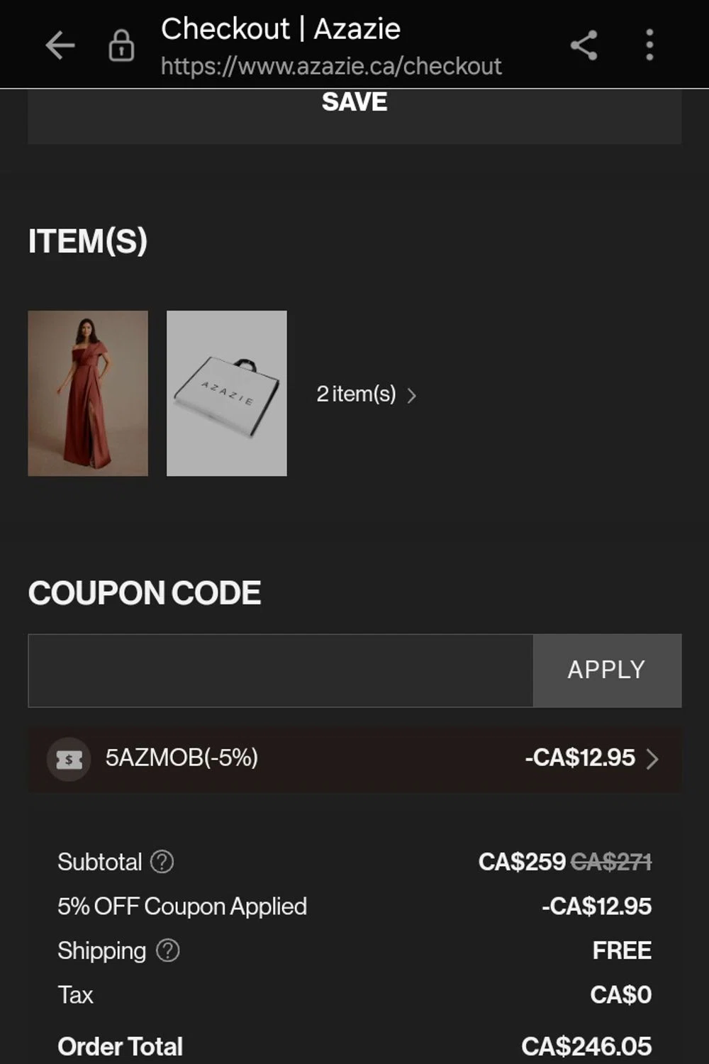 Azazie promo code screenshot showing code 5AZMOB applied at Azazie checkout page. Uploaded by SimplyCodes community member ValiantCurator3344 on Aug 23, 2025