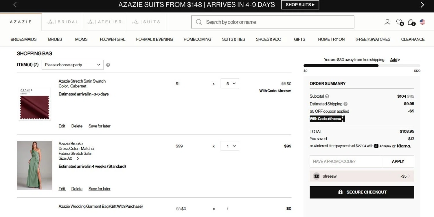 Azazie promo code screenshot showing code 6FREESW applied at Azazie checkout page. Uploaded by SimplyCodes community member angelfigueroa2008 on Aug 22, 2025