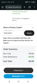 Arizona Coyotes Shop coupon verification screenshot