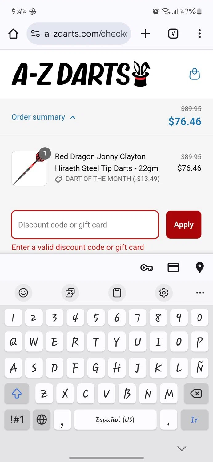 A-Z Darts discount code screenshot showing code mayday2019 applied at A-Z Darts checkout page. Uploaded by SimplyCodes community member CleverLynx5188 on Mar 15, 2025