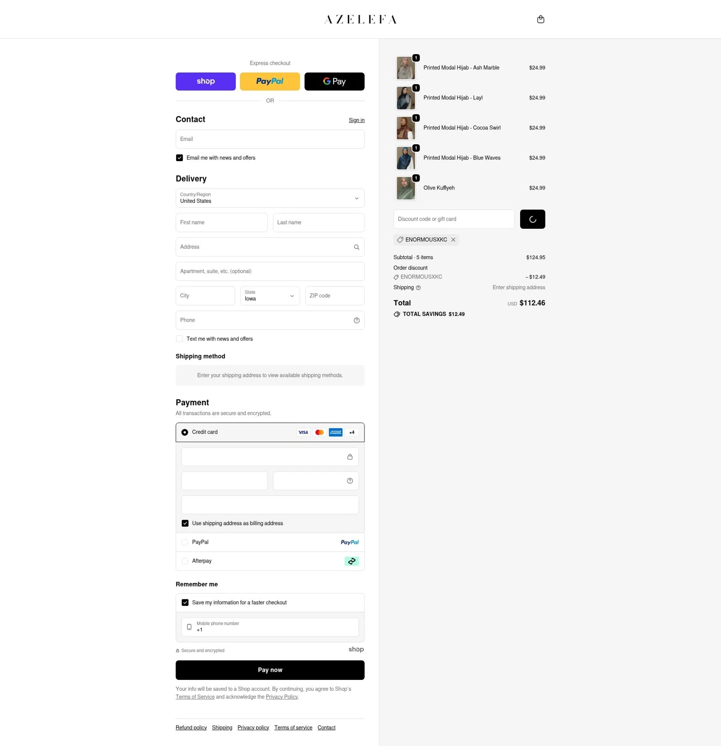 Azelefa Co promo code screenshot showing code ENORMOUSXKC applied at Azelefa Co checkout page. Uploaded by SimplyCodes community member terricameron on Feb 23, 2026