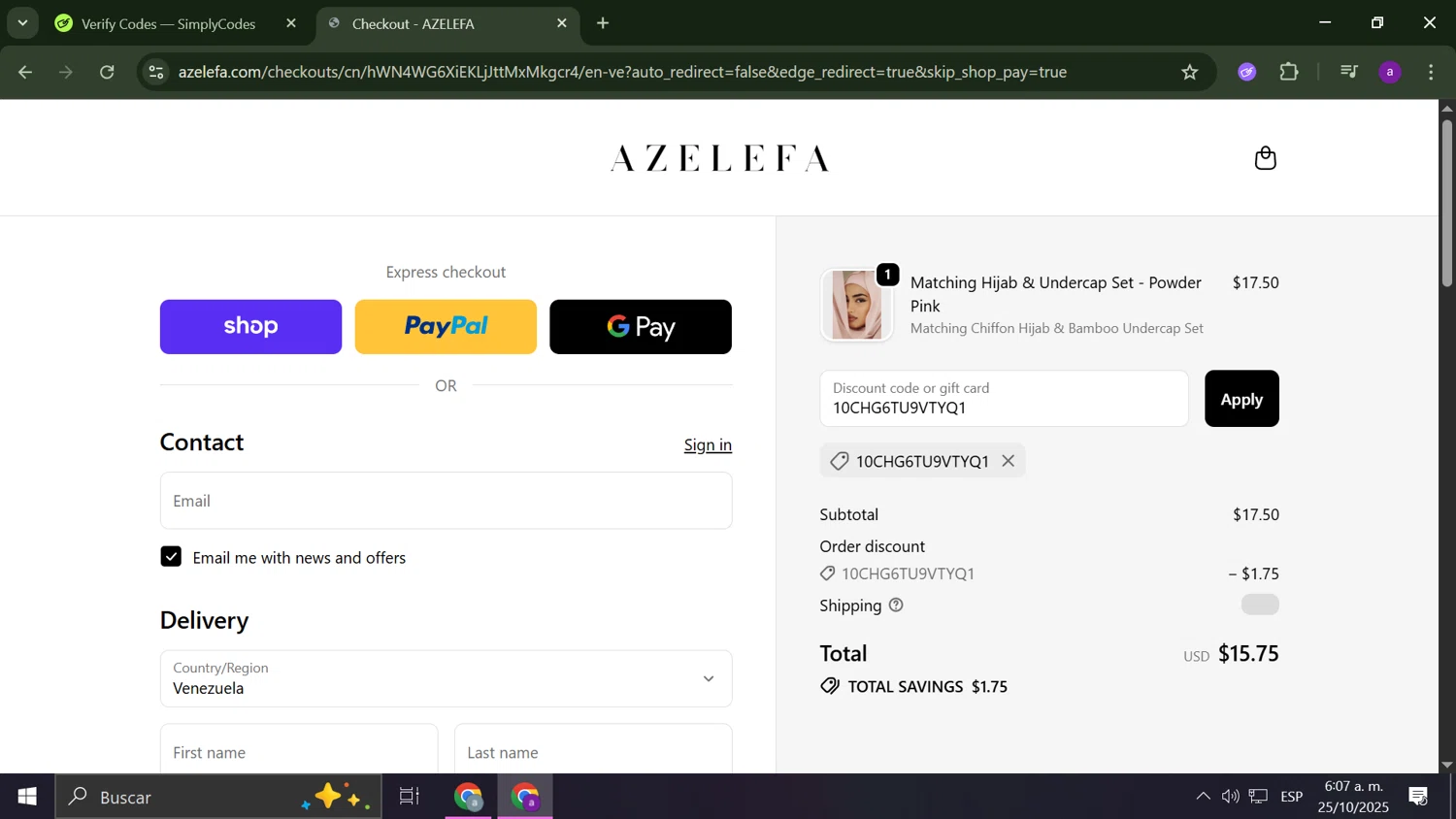 Azelefa Co promo code screenshot showing code 10CHG6TU9VTYQ1 applied at Azelefa Co checkout page. Uploaded by SimplyCodes community member Anderson on Oct 25, 2025