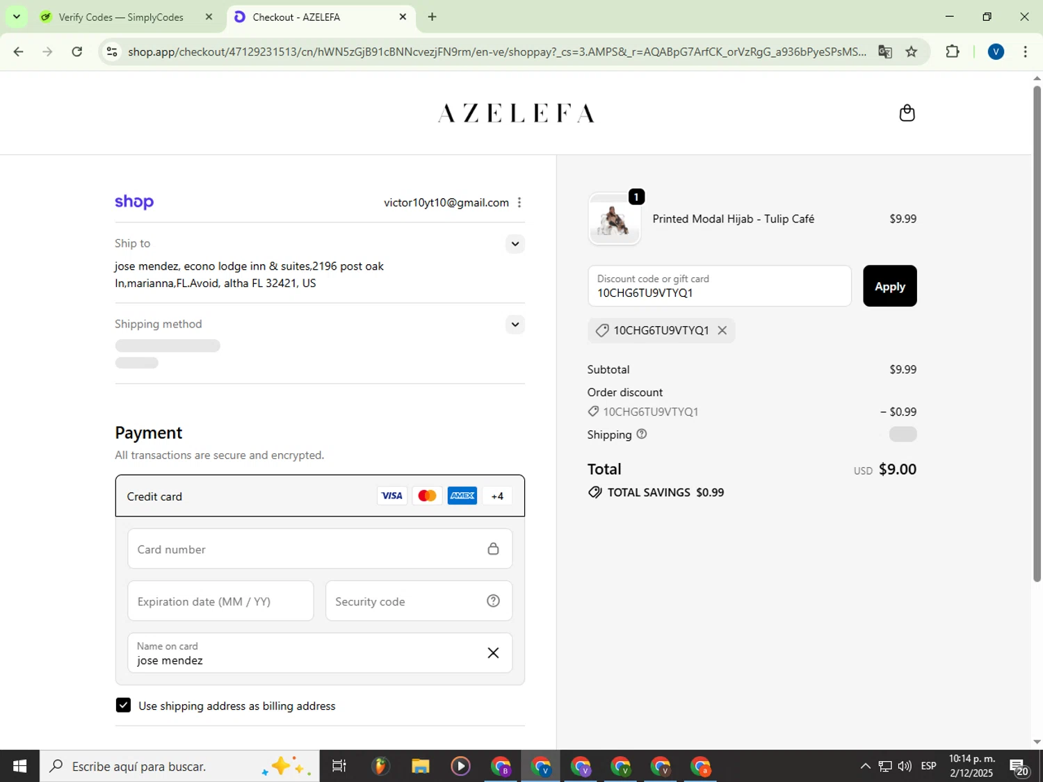Azelefa Co promo code screenshot showing code 10CHG6TU9VTYQ1 applied at Azelefa Co checkout page. Uploaded by SimplyCodes community member Garou_Y2K on Dec 3, 2025