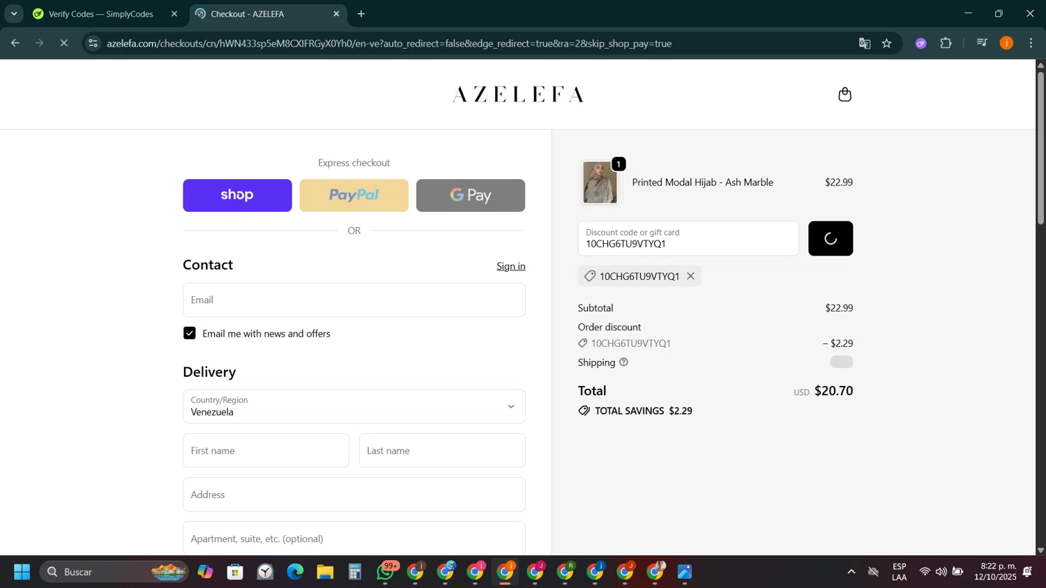 Azelefa Co promo code screenshot showing code 10CHG6TU9VTYQ1 applied at Azelefa Co checkout page. Uploaded by SimplyCodes community member SilverSentinel5952 on Oct 13, 2025