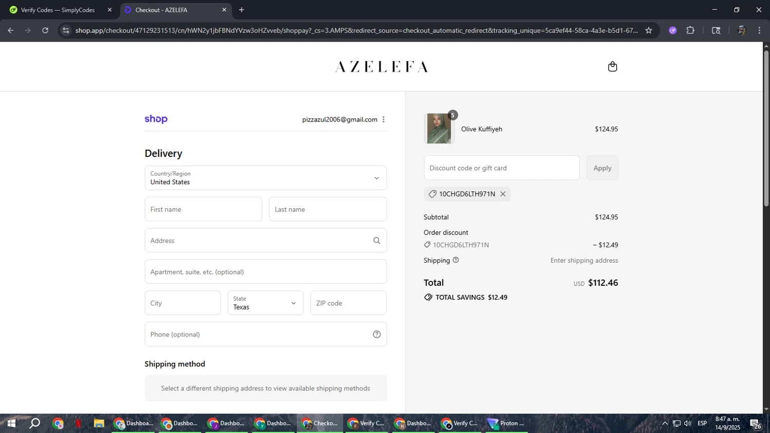 Azelefa Co promo code screenshot showing code 10CHGD6LTH971N applied at Azelefa Co checkout page. Uploaded by SimplyCodes community member xxdddd on Sep 14, 2025